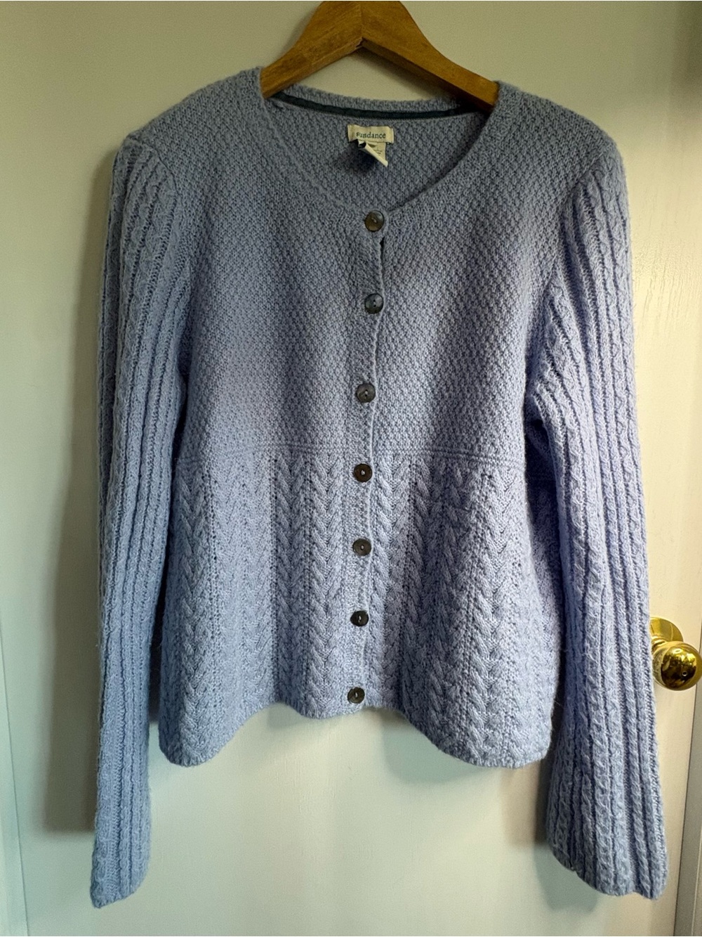 Sundance Sz M Periwinkle Textured & Cable-Knit Button Cardigan Wool Blend Boho